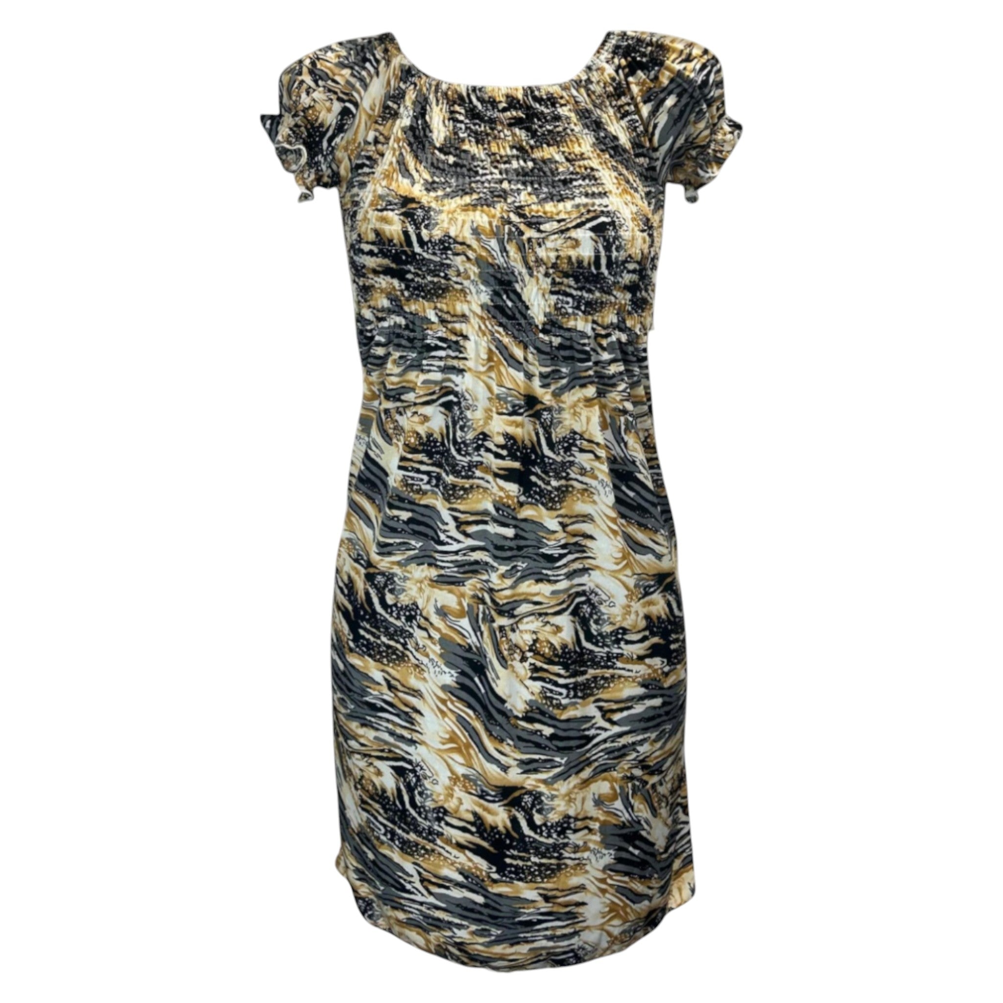 Women's honey and grey tropical print summer dress with flutter sleeves – lightweight casual beachwear outfit